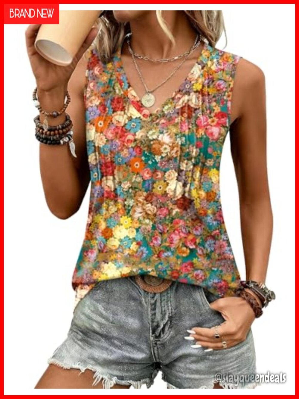 LOMON Womens Loose Fit V Neck Sleeveless Tank Top Pleated Summer Shirt